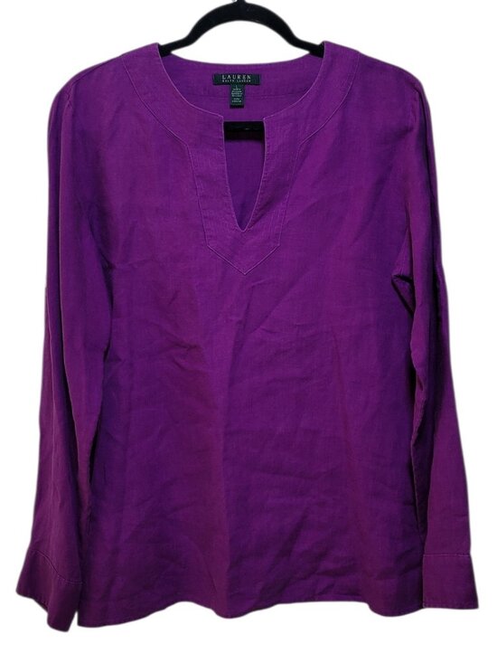 Lauren Ralph Lauren Tops - Lauren Ralph Lauren Purple 100% Linen V Neck Roll Tab Sleeve Top Large Preppy